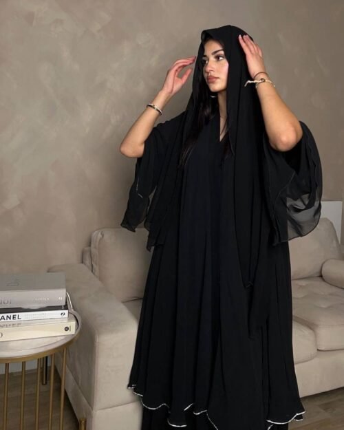 Diamond layered abaya Dress in Midnight Black