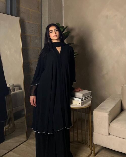 Diamond layered abaya Dress in Midnight Black